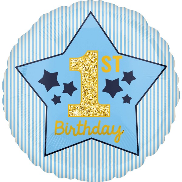 Standard 1st Birthday Blue &amp; Gold Junge Folienballon (inkl. Heliumfüllung)